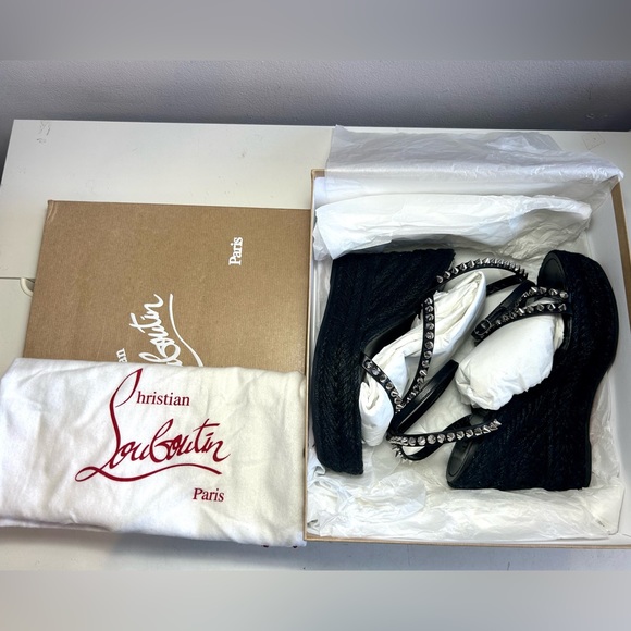 New! CHRISTIAN LOUBOUTIN MAFALDINA ZEPPA WEDGE SANDAL SPIKES BLACK LEATHER SZ 38 - Picture 13 of 15
